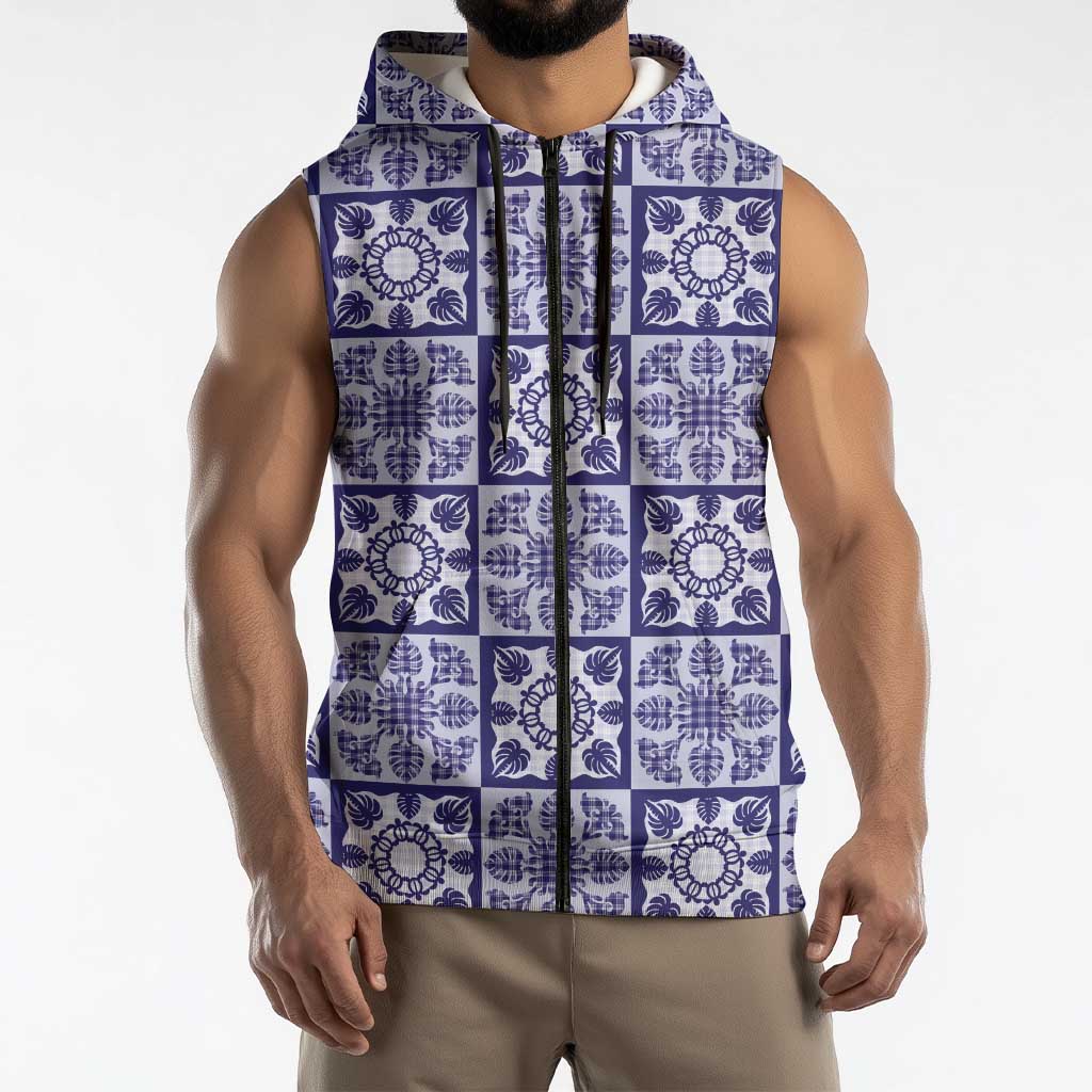 Polu Palaka Quilt Hawaii Sleeveless Zip Hoodie Hawaiian Tropical Monstera Sea Turtle