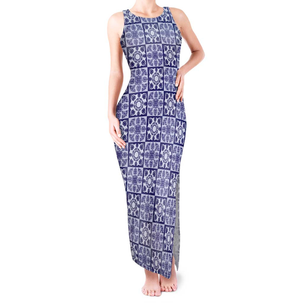 Polu Palaka Quilt Hawaii Tank Maxi Dress Hawaiian Tropical Monstera Sea Turtle LT14 Women Blue - Polynesian Pride