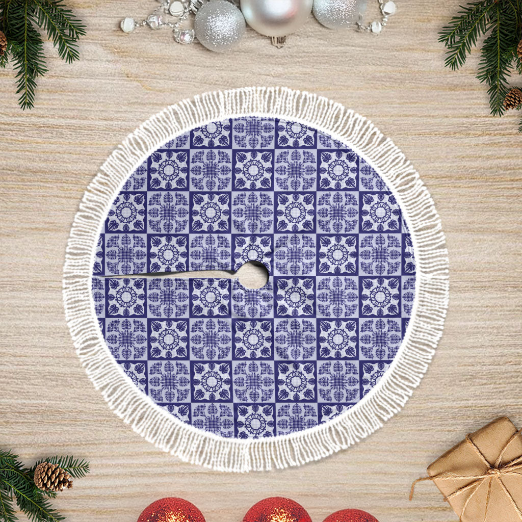 Polu Palaka Quilt Hawaii Tree Skirt Hawaiian Tropical Monstera Sea Turtle LT14 Fringed Blue - Polynesian Pride