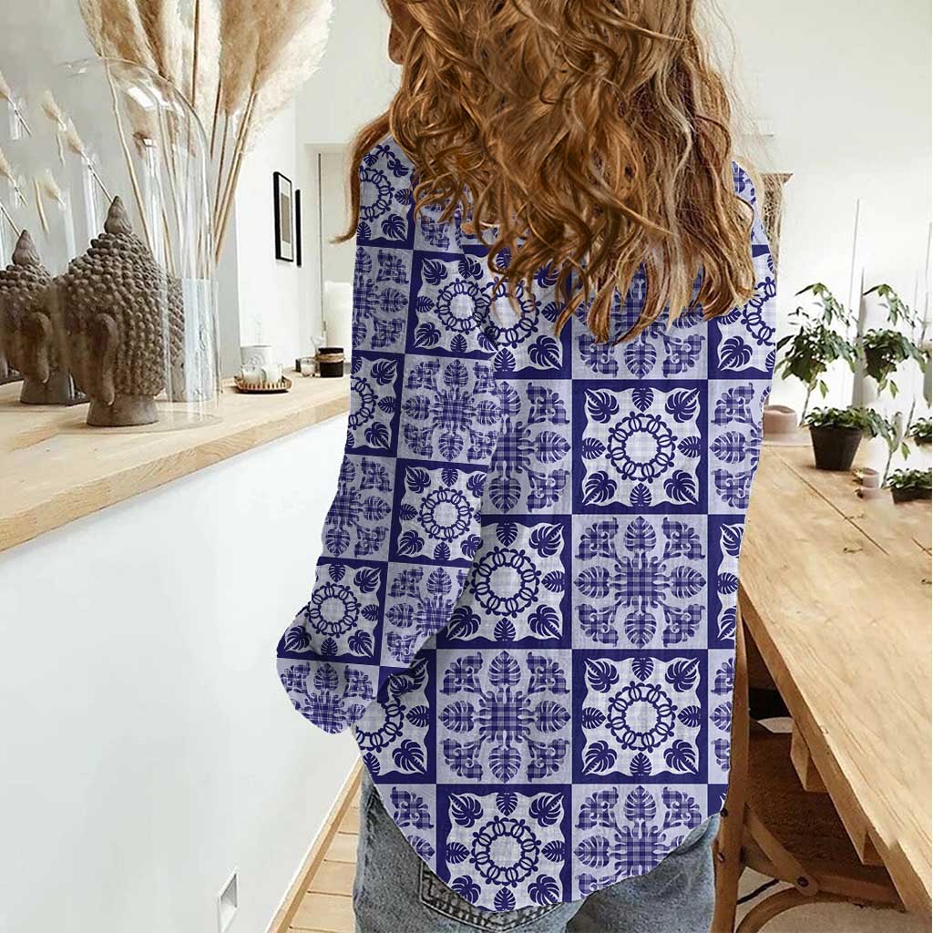 Polu Palaka Quilt Hawaii Women Casual Shirt Hawaiian Tropical Monstera Sea Turtle
