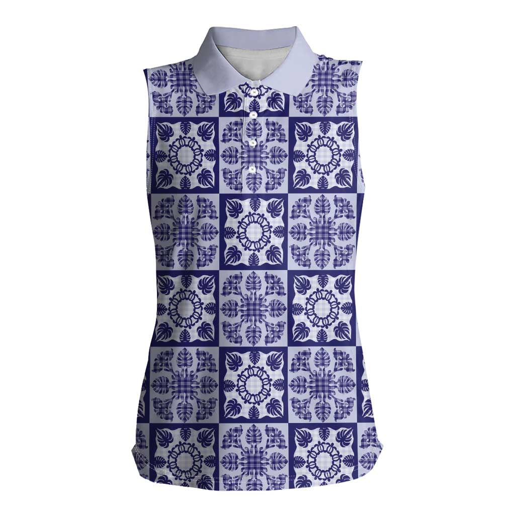 Polu Palaka Quilt Hawaii Women Sleeveless Polo Shirt Hawaiian Tropical Monstera Sea Turtle