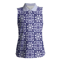 Polu Palaka Quilt Hawaii Women Sleeveless Polo Shirt Hawaiian Tropical Monstera Sea Turtle