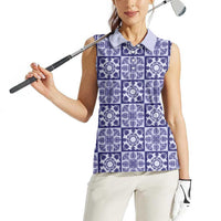 Polu Palaka Quilt Hawaii Women Sleeveless Polo Shirt Hawaiian Tropical Monstera Sea Turtle