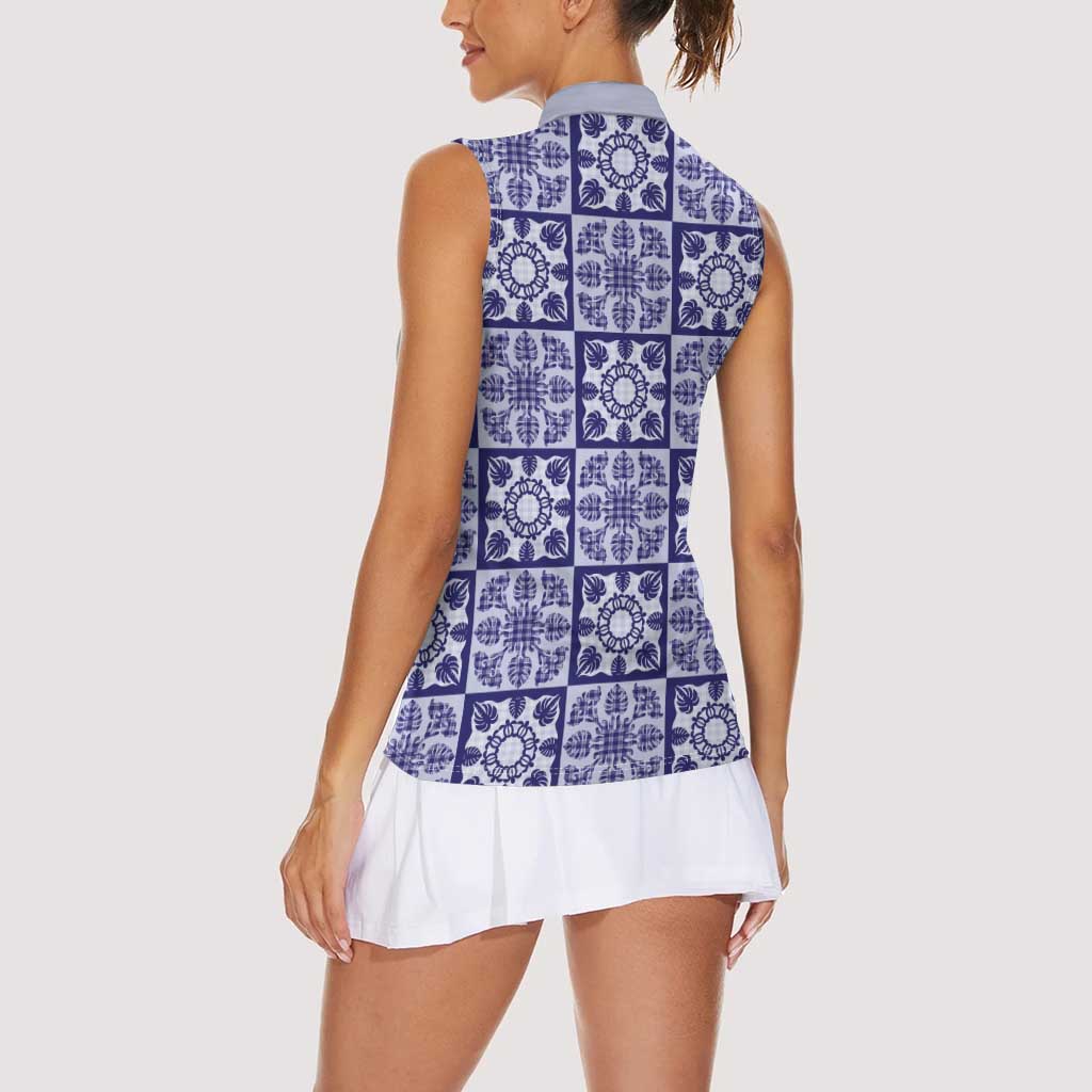 Polu Palaka Quilt Hawaii Women Sleeveless Polo Shirt Hawaiian Tropical Monstera Sea Turtle