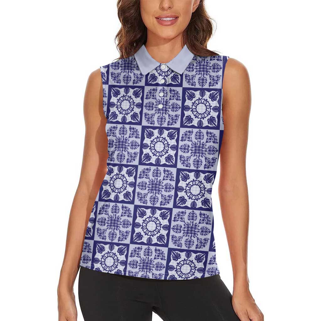 Polu Palaka Quilt Hawaii Women Sleeveless Polo Shirt Hawaiian Tropical Monstera Sea Turtle