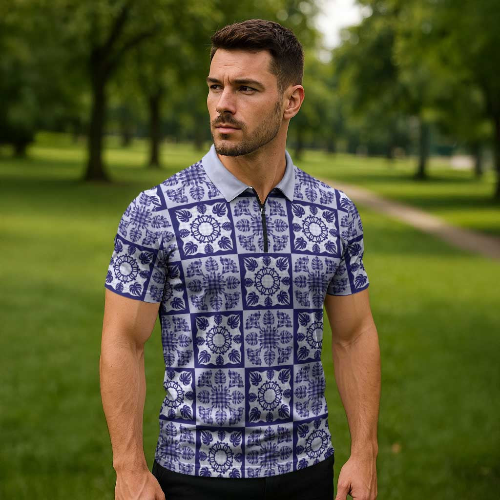 Polu Palaka Quilt Hawaii Zipper Polo Shirt Hawaiian Tropical Monstera Sea Turtle