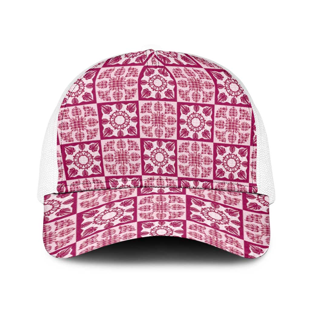 Akala Palaka Quilt Hawaii Baseball Net Cap Hawaiian Tropical Monstera Sea Turtle LT14 One Size White Pink - Polynesian Pride
