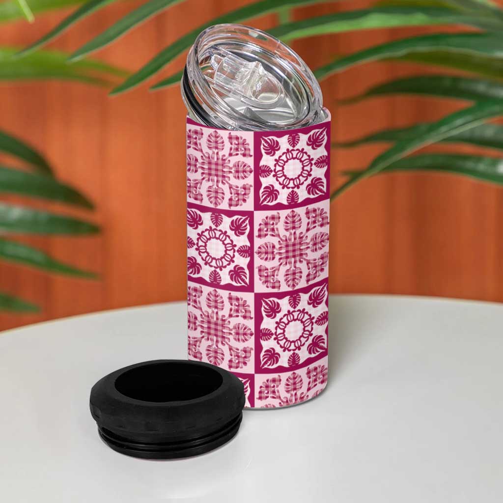 Akala Palaka Quilt Hawaii 4 in 1 Can Cooler Tumbler Hawaiian Tropical Monstera Sea Turtle