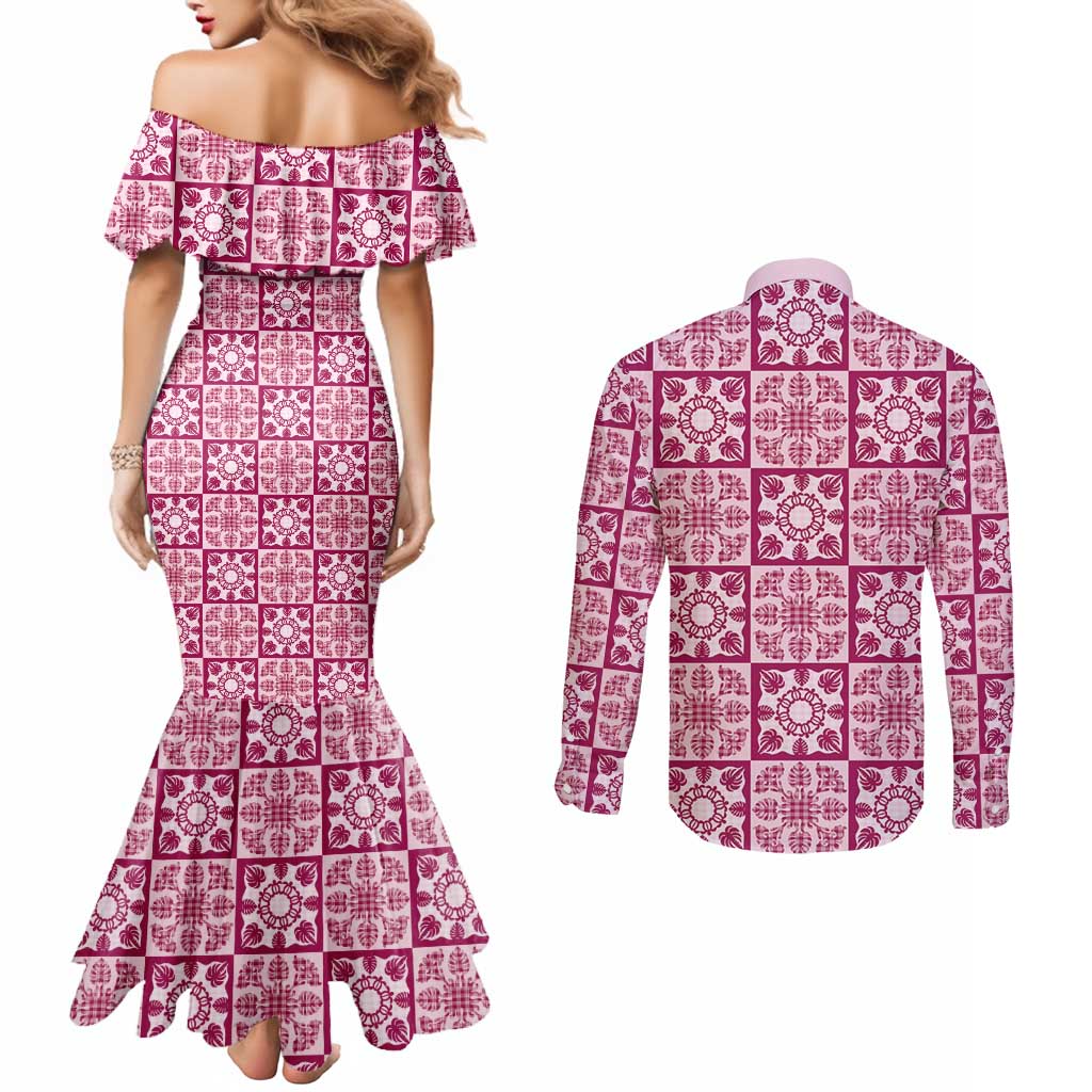 Akala Palaka Quilt Hawaii Couples Matching Mermaid Dress and Long Sleeve Button Shirt Hawaiian Tropical Monstera Sea Turtle