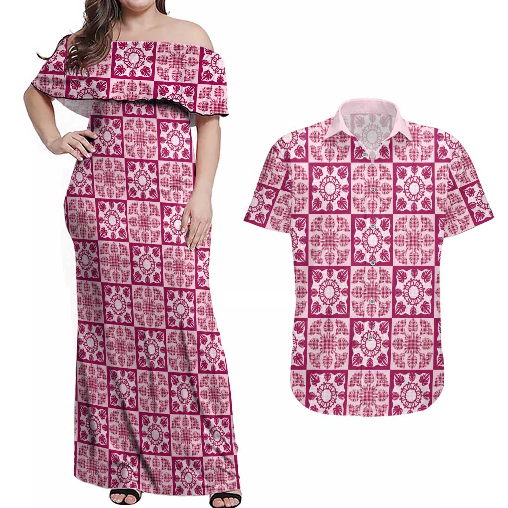 Akala Palaka Quilt Hawaii Couples Matching Off Shoulder Maxi Dress and Hawaiian Shirt Hawaiian Tropical Monstera Sea Turtle