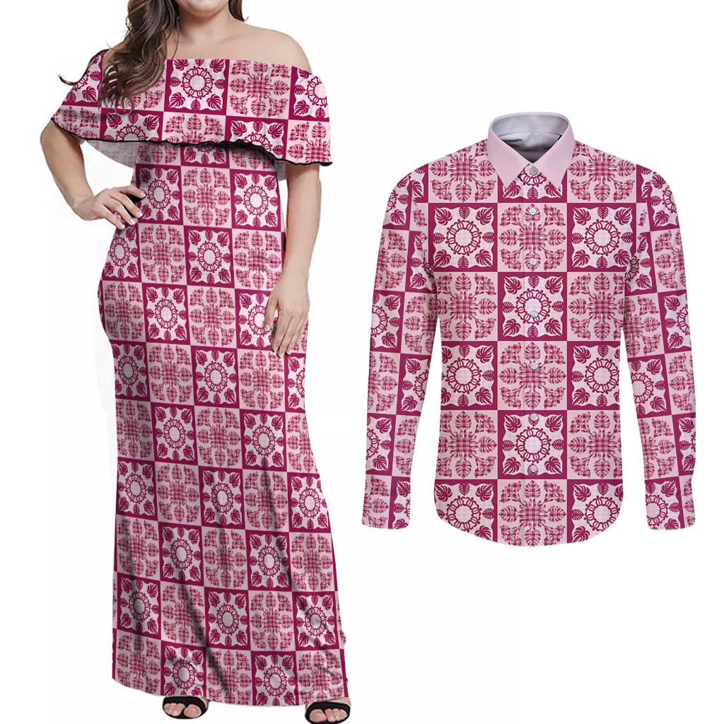 Akala Palaka Quilt Hawaii Couples Matching Off Shoulder Maxi Dress and Long Sleeve Button Shirt Hawaiian Tropical Monstera Sea Turtle