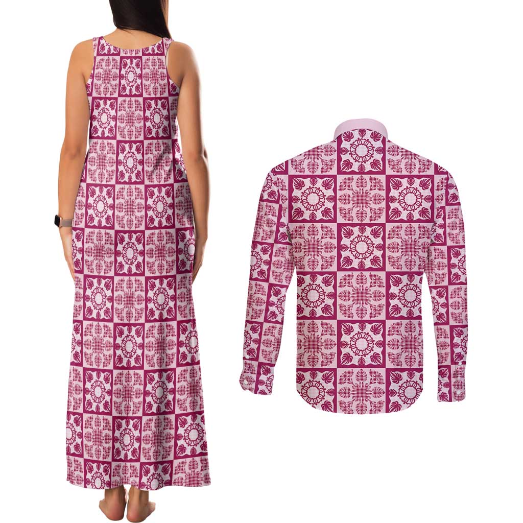 Akala Palaka Quilt Hawaii Couples Matching Tank Maxi Dress and Long Sleeve Button Shirt Hawaiian Tropical Monstera Sea Turtle