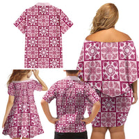 Akala Palaka Quilt Hawaii Family Matching Off Shoulder Short Dress and Hawaiian Shirt Hawaiian Tropical Monstera Sea Turtle