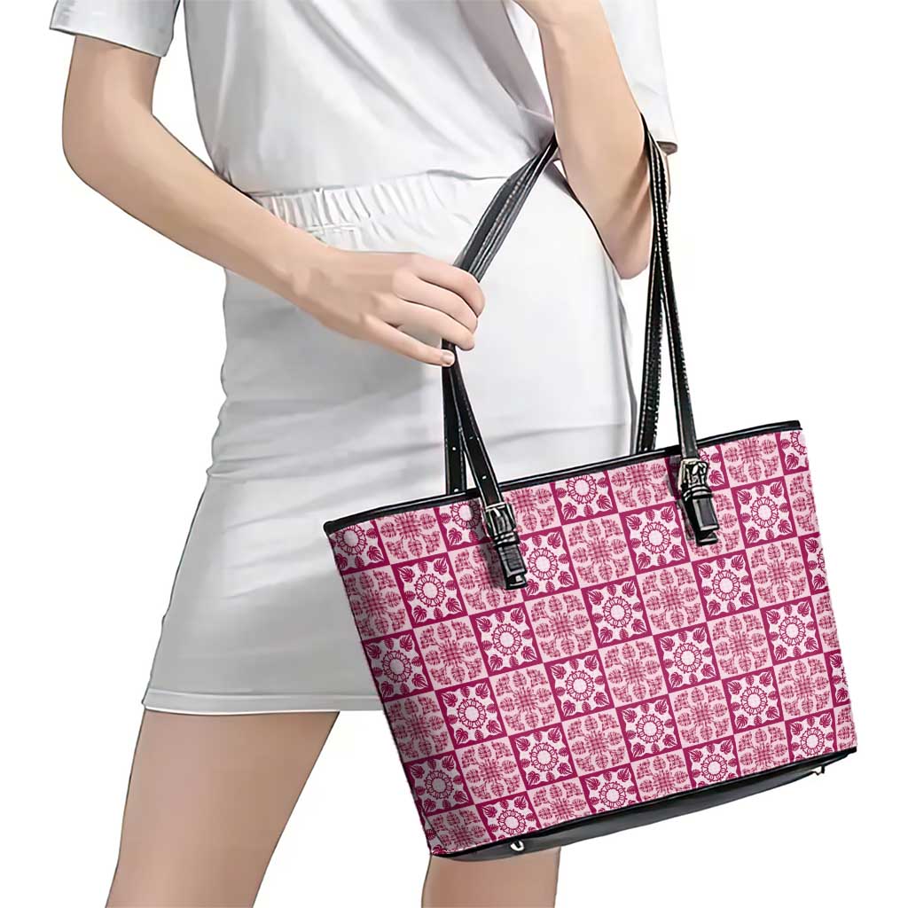 Akala Palaka Quilt Hawaii Leather Tote Bag Hawaiian Tropical Monstera Sea Turtle