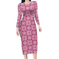 Akala Palaka Quilt Hawaii Long Sleeve Bodycon Dress Hawaiian Tropical Monstera Sea Turtle
