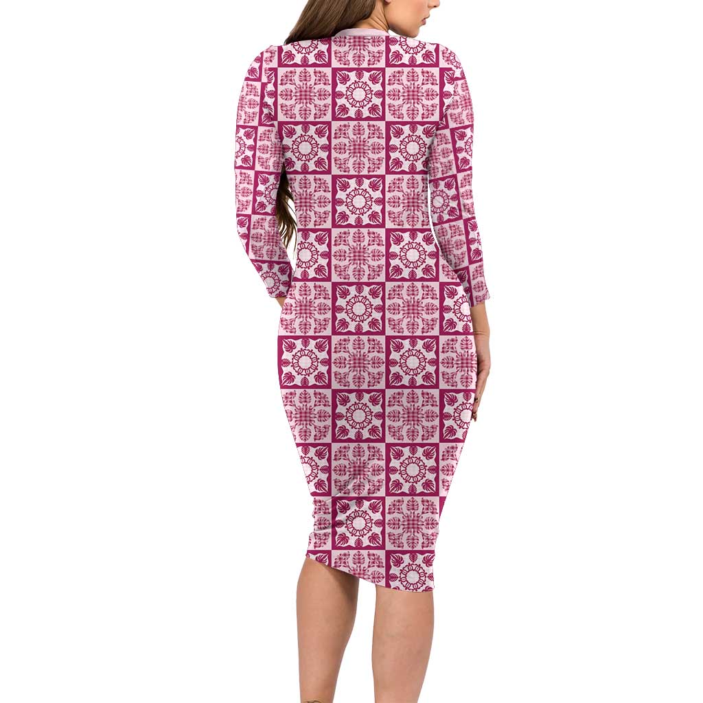 Akala Palaka Quilt Hawaii Long Sleeve Bodycon Dress Hawaiian Tropical Monstera Sea Turtle