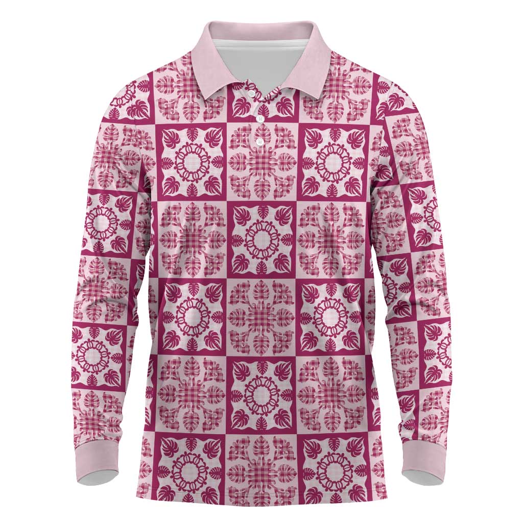 Akala Palaka Quilt Hawaii Long Sleeve Polo Shirt Hawaiian Tropical Monstera Sea Turtle LT14 Pink - Polynesian Pride