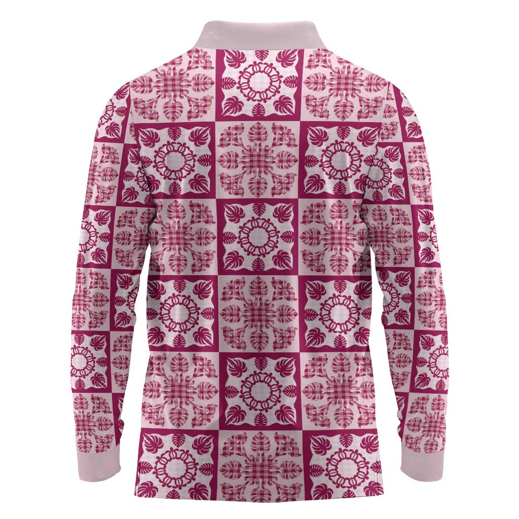 Akala Palaka Quilt Hawaii Long Sleeve Polo Shirt Hawaiian Tropical Monstera Sea Turtle LT14 - Polynesian Pride