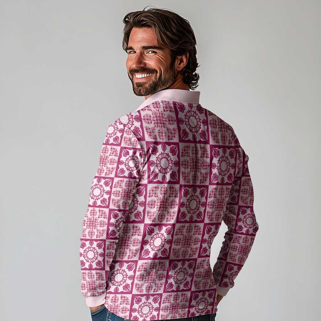 Akala Palaka Quilt Hawaii Long Sleeve Polo Shirt Hawaiian Tropical Monstera Sea Turtle LT14 - Polynesian Pride