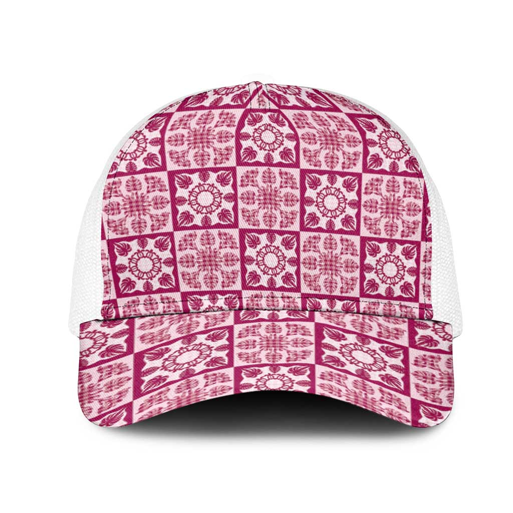 Akala Palaka Quilt Hawaii Mesh Trucker Cap Hawaiian Tropical Monstera Sea Turtle LT14 One Size White Pink - Polynesian Pride