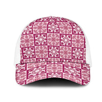 Akala Palaka Quilt Hawaii Mesh Trucker Cap Hawaiian Tropical Monstera Sea Turtle LT14 One Size White Pink - Polynesian Pride