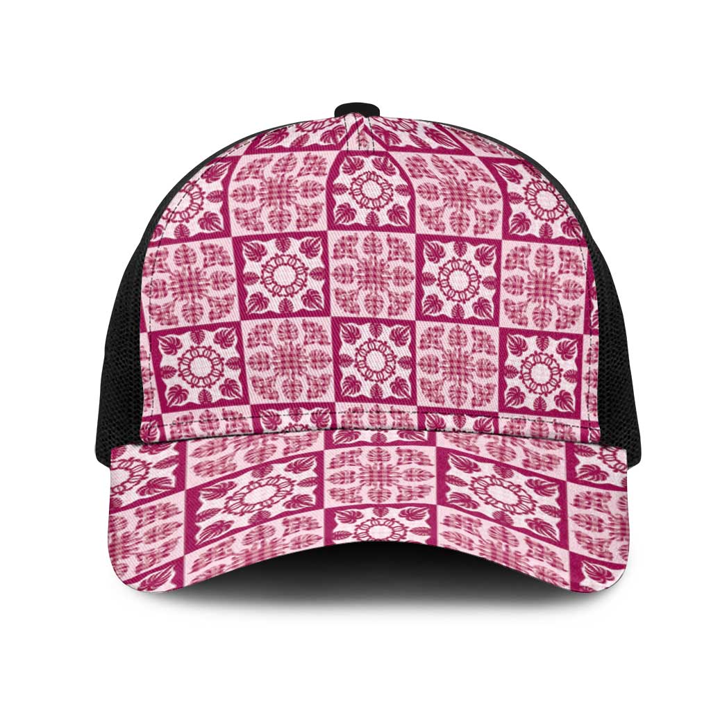 Akala Palaka Quilt Hawaii Mesh Trucker Cap Hawaiian Tropical Monstera Sea Turtle LT14 One Size Black Pink - Polynesian Pride