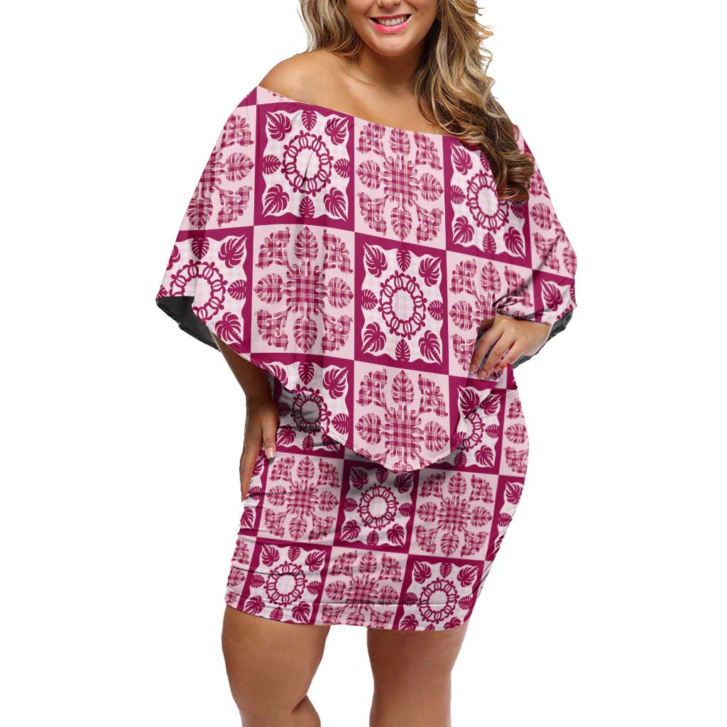 Akala Palaka Quilt Hawaii Off Shoulder Short Dress Hawaiian Tropical Monstera Sea Turtle LT14 Women Pink - Polynesian Pride