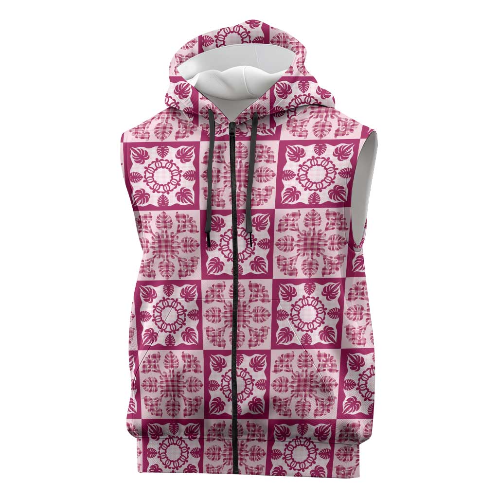 Akala Palaka Quilt Hawaii Sleeveless Zip Hoodie Hawaiian Tropical Monstera Sea Turtle LT14 Pink - Polynesian Pride