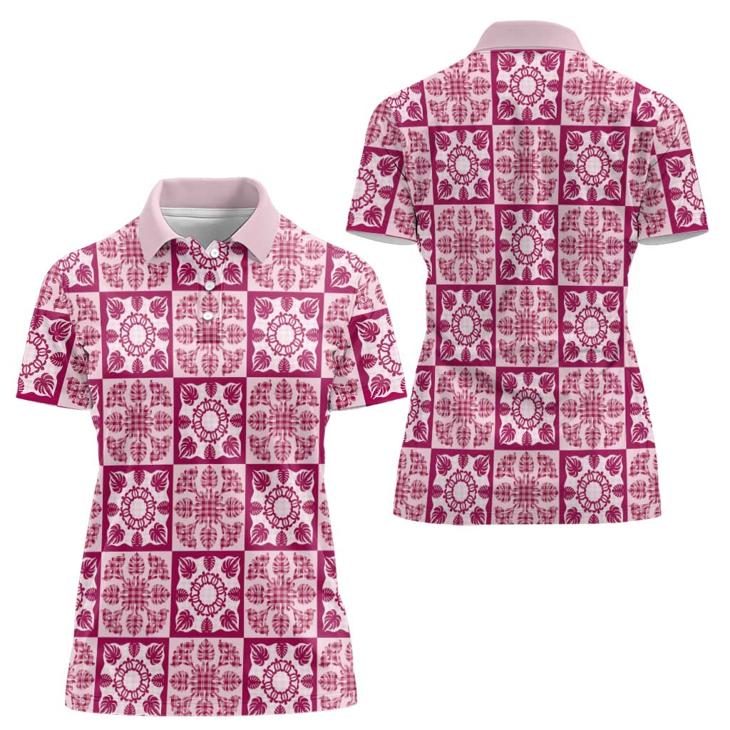 Akala Palaka Quilt Hawaii Women Polo Shirt Hawaiian Tropical Monstera Sea Turtle