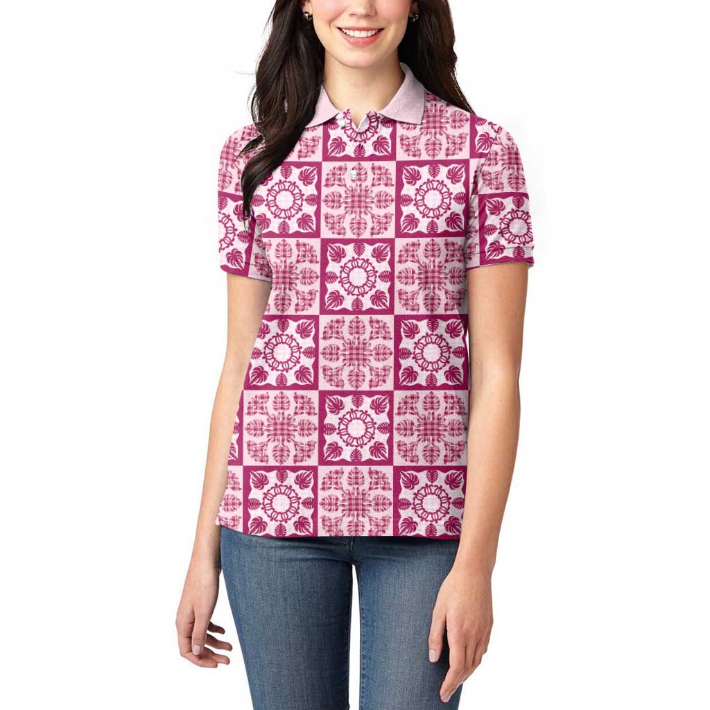 Akala Palaka Quilt Hawaii Women Polo Shirt Hawaiian Tropical Monstera Sea Turtle