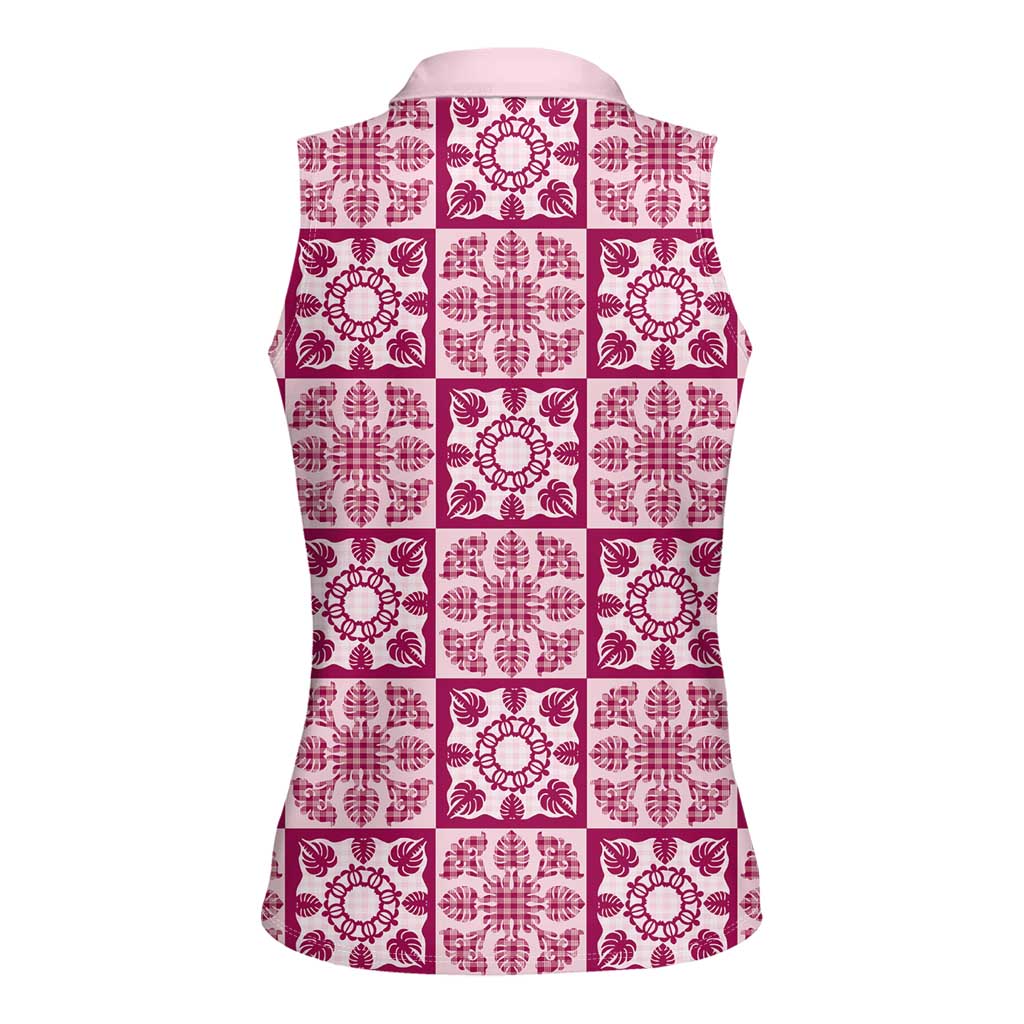 Akala Palaka Quilt Hawaii Women Sleeveless Polo Shirt Hawaiian Tropical Monstera Sea Turtle