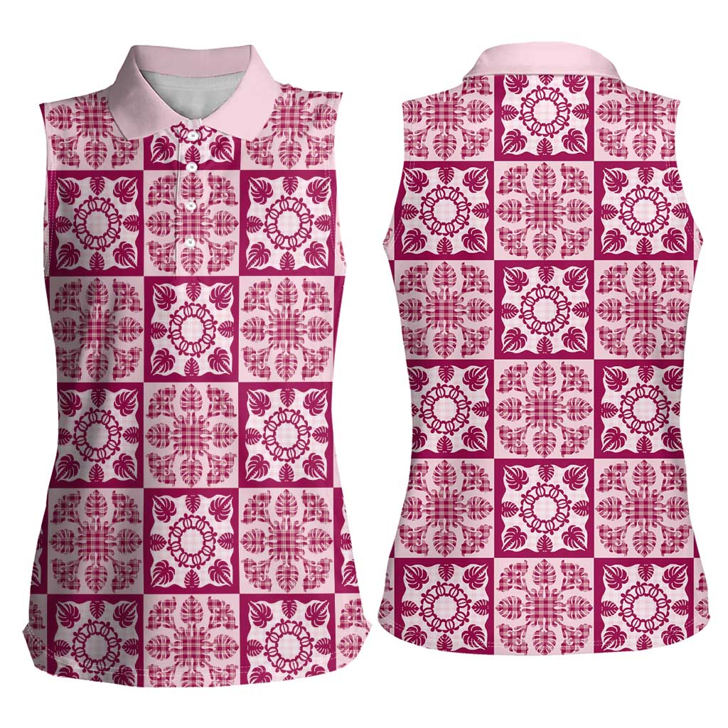 Akala Palaka Quilt Hawaii Women Sleeveless Polo Shirt Hawaiian Tropical Monstera Sea Turtle