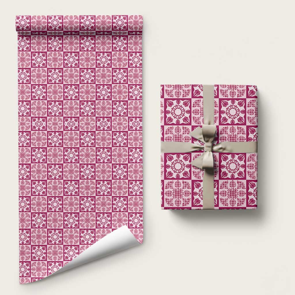 Akala Palaka Quilt Hawaii Wrapping Paper Hawaiian Tropical Monstera Sea Turtle LT14 58" × 23" Pink - Polynesian Pride