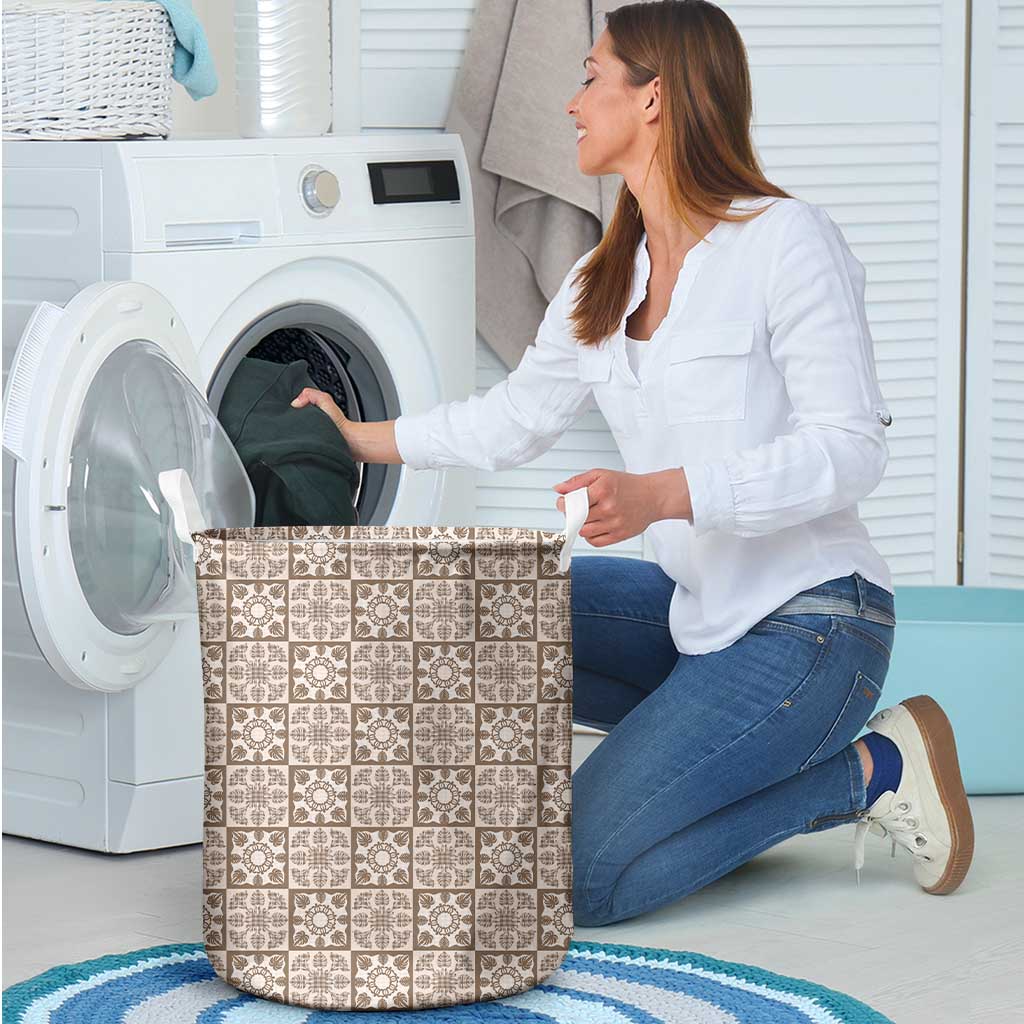 Beige Palaka Quilt Hawaii Laundry Basket Hawaiian Tropical Monstera Sea Turtle LT14 - Polynesian Pride