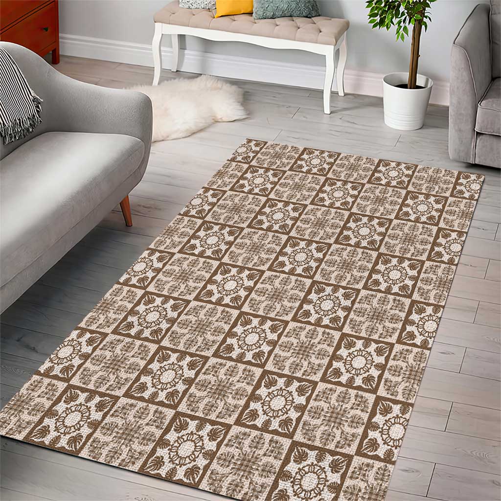 Beige Palaka Quilt Hawaii Area Rug Hawaiian Tropical Monstera Sea Turtle