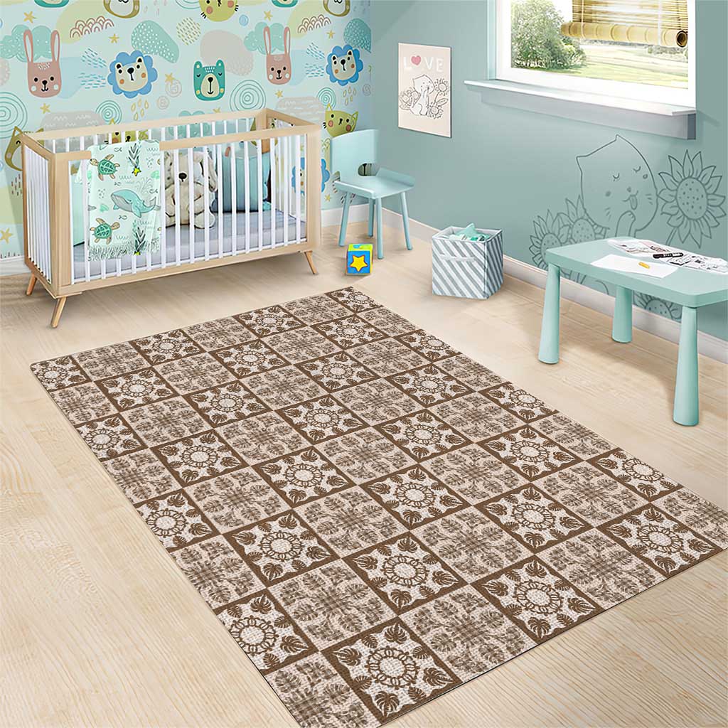 Beige Palaka Quilt Hawaii Area Rug Hawaiian Tropical Monstera Sea Turtle