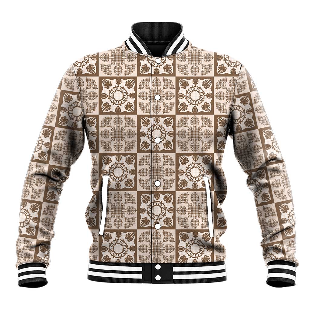 Beige Palaka Quilt Hawaii Baseball Jacket Hawaiian Tropical Monstera Sea Turtle