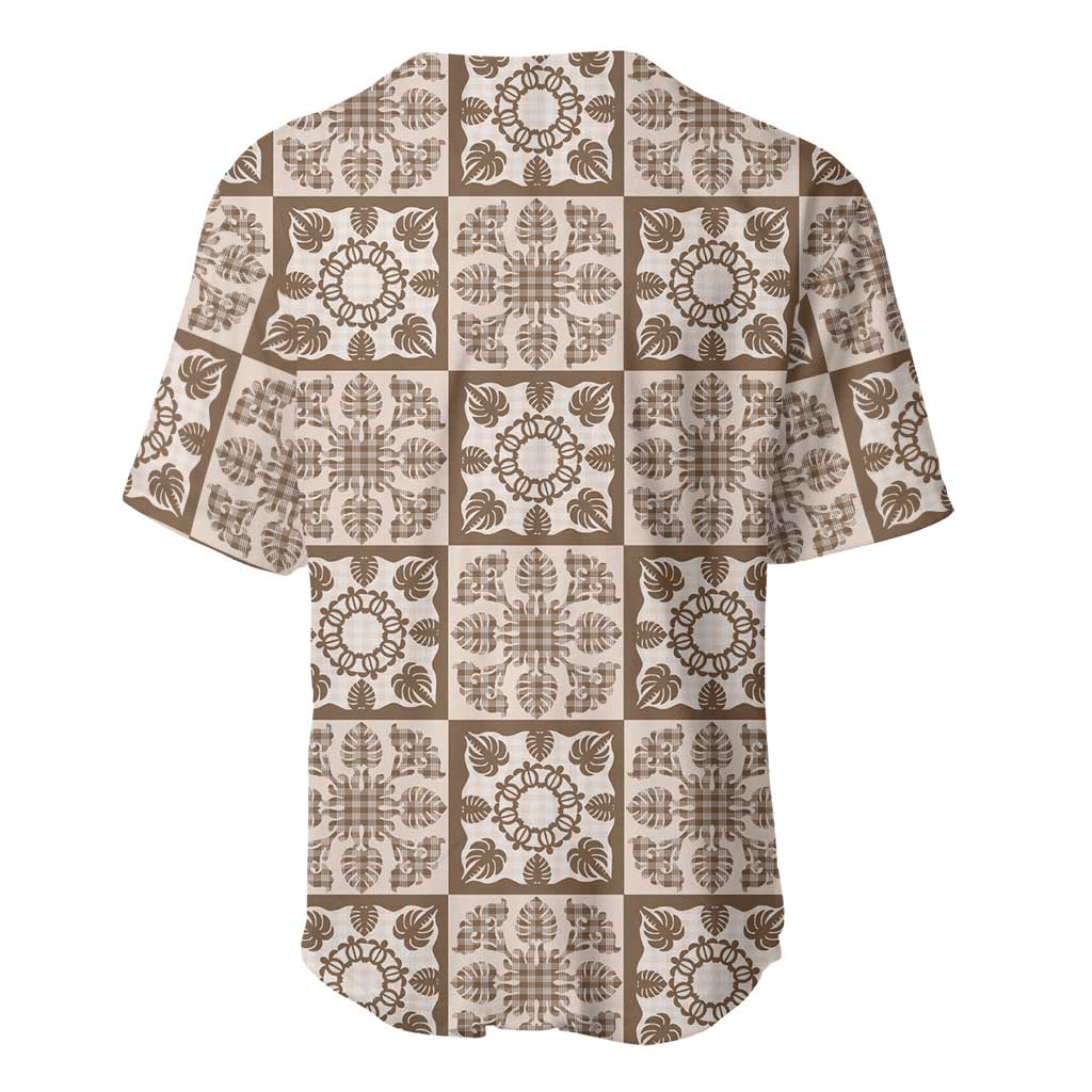 Beige Palaka Quilt Hawaii Baseball Jersey Hawaiian Tropical Monstera Sea Turtle