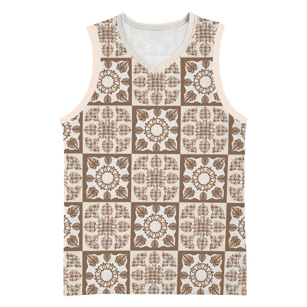 Beige Palaka Quilt Hawaii Basketball Jersey Hawaiian Tropical Monstera Sea Turtle