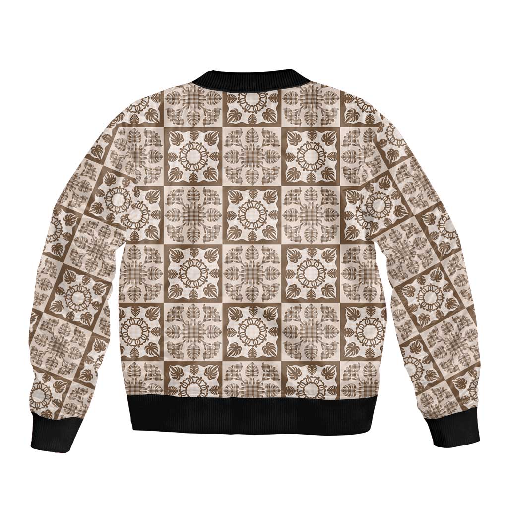 Beige Palaka Quilt Hawaii Bomber Jacket Hawaiian Tropical Monstera Sea Turtle LT14 - Polynesian Pride