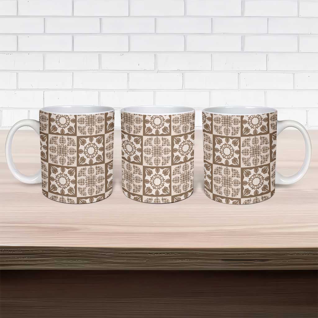 Beige Palaka Quilt Hawaii Ceramic Mug Hawaiian Tropical Monstera Sea Turtle