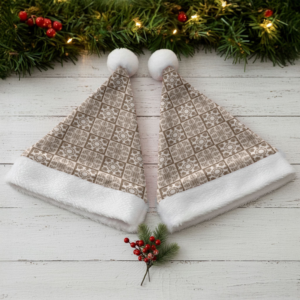 Beige Palaka Quilt Hawaii Christmas Santa Hat Hawaiian Tropical Monstera Sea Turtle LT14 - Polynesian Pride