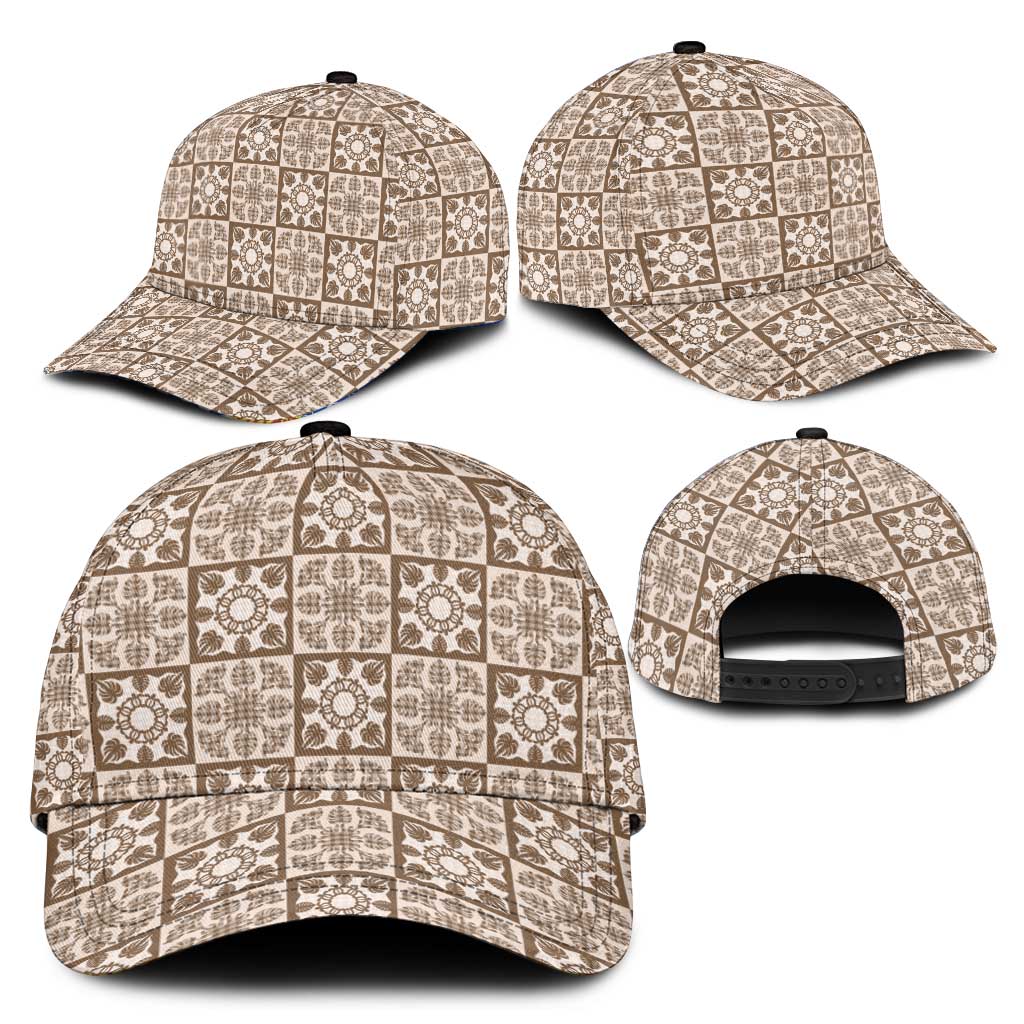 Beige Palaka Quilt Hawaii Classic Cap Hawaiian Tropical Monstera Sea Turtle