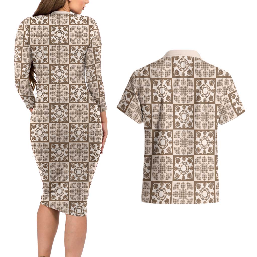 Beige Palaka Quilt Hawaii Couples Matching Long Sleeve Bodycon Dress and Hawaiian Shirt Hawaiian Tropical Monstera Sea Turtle