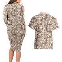 Beige Palaka Quilt Hawaii Couples Matching Long Sleeve Bodycon Dress and Hawaiian Shirt Hawaiian Tropical Monstera Sea Turtle