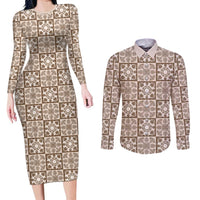 Beige Palaka Quilt Hawaii Couples Matching Long Sleeve Bodycon Dress and Long Sleeve Button Shirt Hawaiian Tropical Monstera Sea Turtle