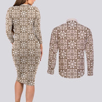 Beige Palaka Quilt Hawaii Couples Matching Long Sleeve Bodycon Dress and Long Sleeve Button Shirt Hawaiian Tropical Monstera Sea Turtle