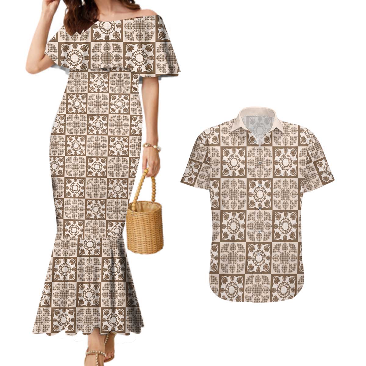 Beige Palaka Quilt Hawaii Couples Matching Mermaid Dress and Hawaiian Shirt Hawaiian Tropical Monstera Sea Turtle