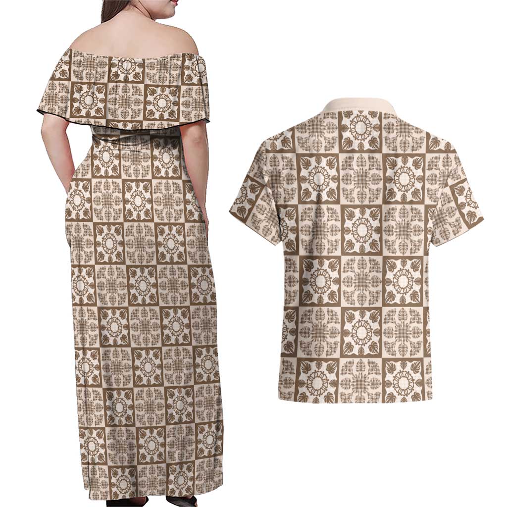 Beige Palaka Quilt Hawaii Couples Matching Off Shoulder Maxi Dress and Hawaiian Shirt Hawaiian Tropical Monstera Sea Turtle