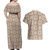 Beige Palaka Quilt Hawaii Couples Matching Off Shoulder Maxi Dress and Hawaiian Shirt Hawaiian Tropical Monstera Sea Turtle